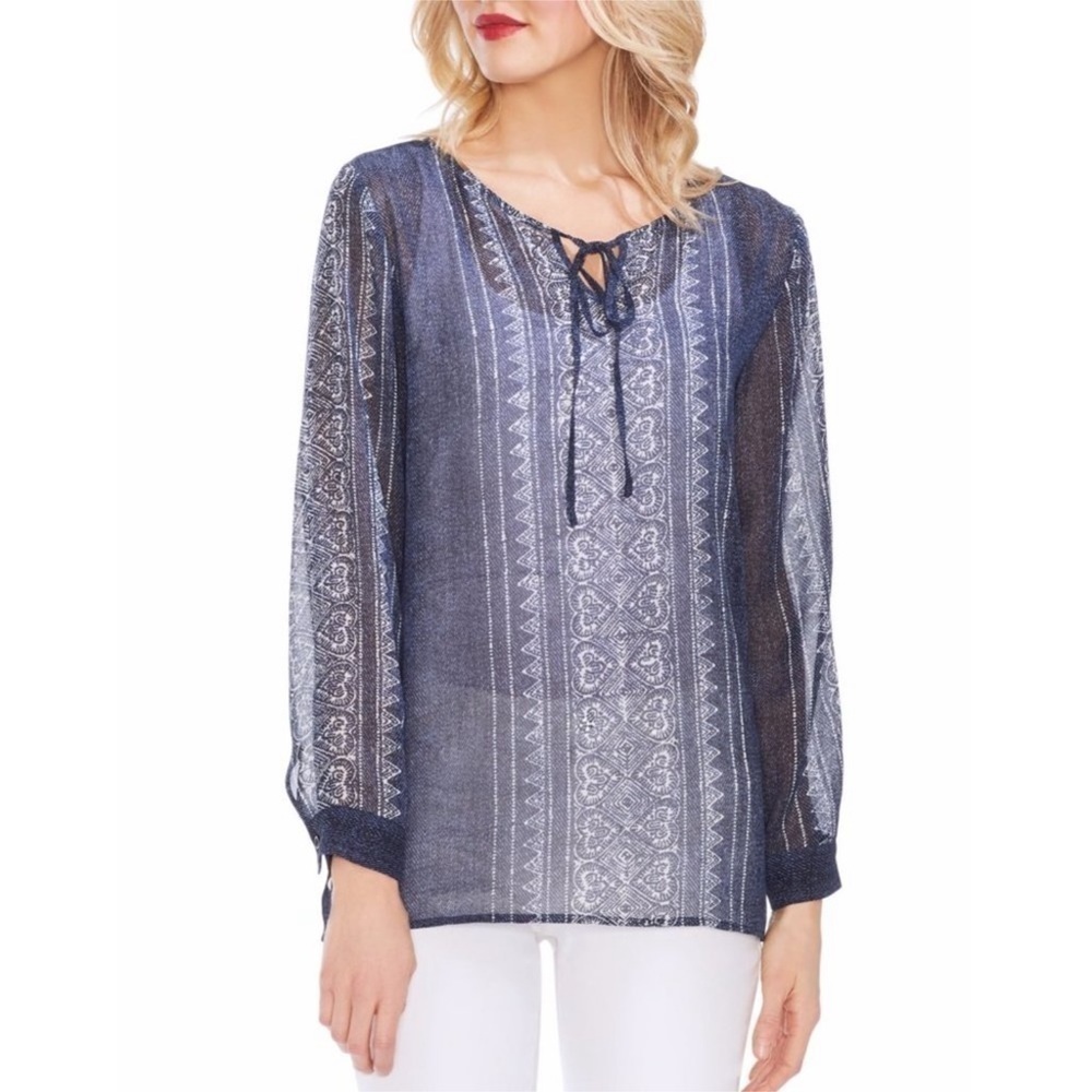 Vince Camuto Classic Navy Sheer Mystic Blooms Long Sleeve Top Size Small Women